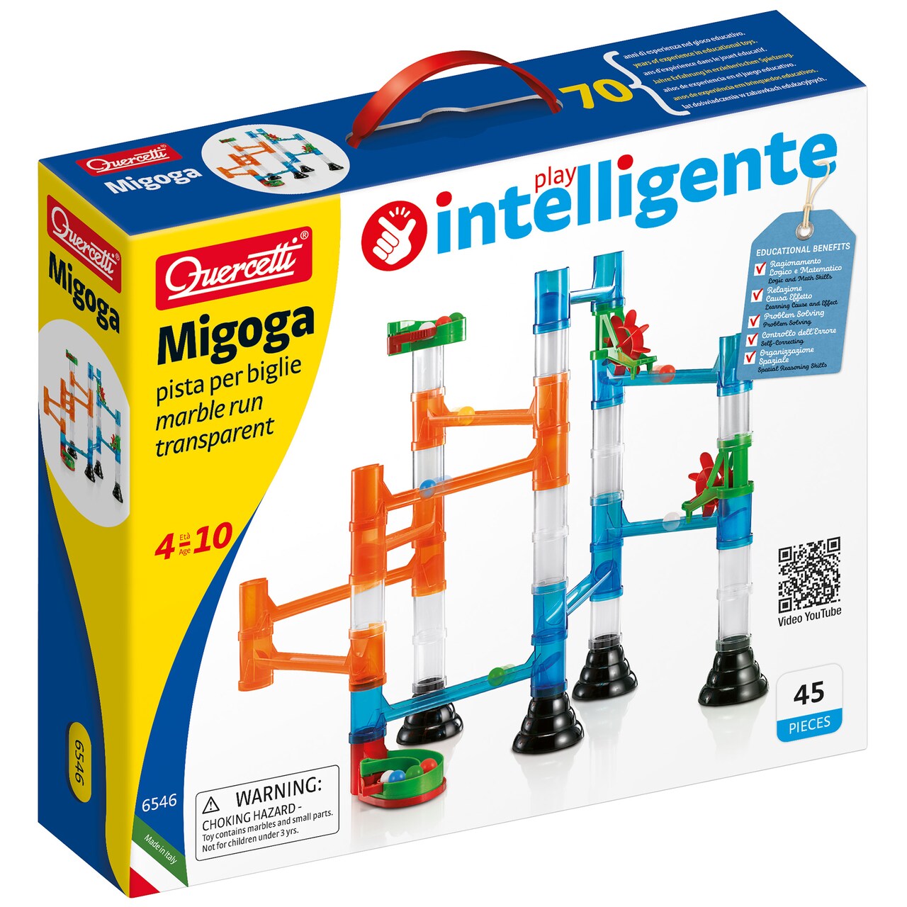 Quercetti: Migoga Run - Transparent – 45pc Marble Ball Run, Track Building Toy, Spinning Wheels-Gates-Pipes, Colorful STEM Construction Set, Kids 5+